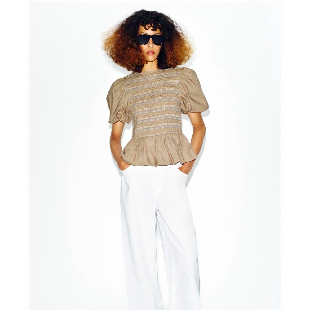 NWT Zara Embroidered Smocked Balloon Sleeve Top Dark Beige Peplum Blouse Sz M